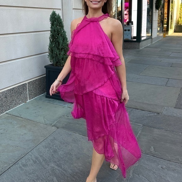 Lena Dresses & Skirts - Women’s Sleeveless Asymmetrical Tiered Pink Midi Dress Size Medium